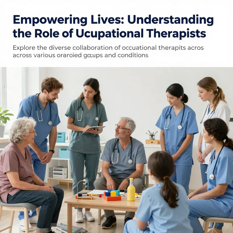 A collage of occupational therapists engaging with various clients in pediatric, adult rehabilitation, and elderly care environments.