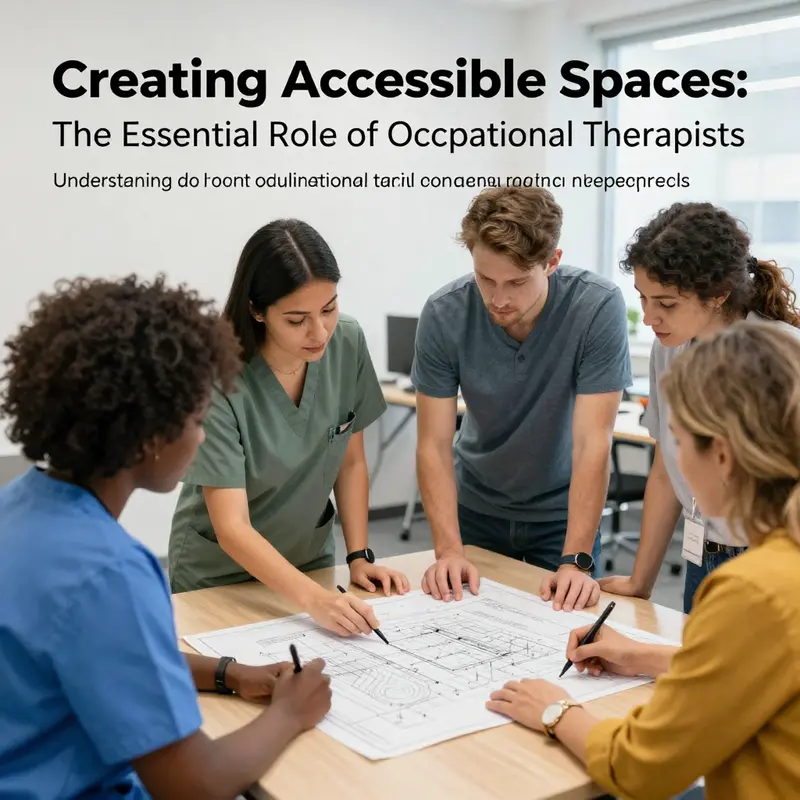 A team of occupational therapists collaborating on creating accessible plans for patients in a professional setting.