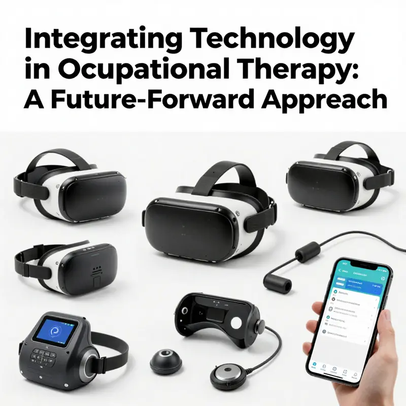 A collage of occupational therapy technologies showcasing diverse tools like VR headsets and adaptive devices.