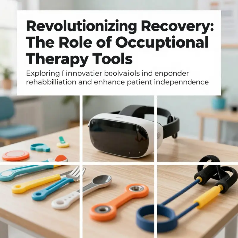 A collage showing various occupational therapy tools, including VR devices and adaptive utensils.