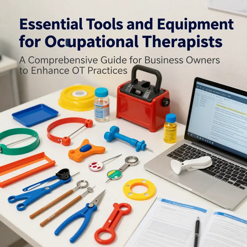 A collection of essential tools and equipment for occupational therapists displayed in a clinical environment.
