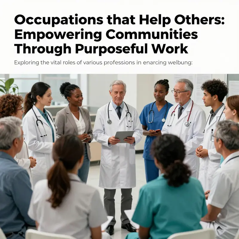 A group of healthcare workers, educators, and social service providers interact with community members, illustrating the interconnectedness of various helping professions.