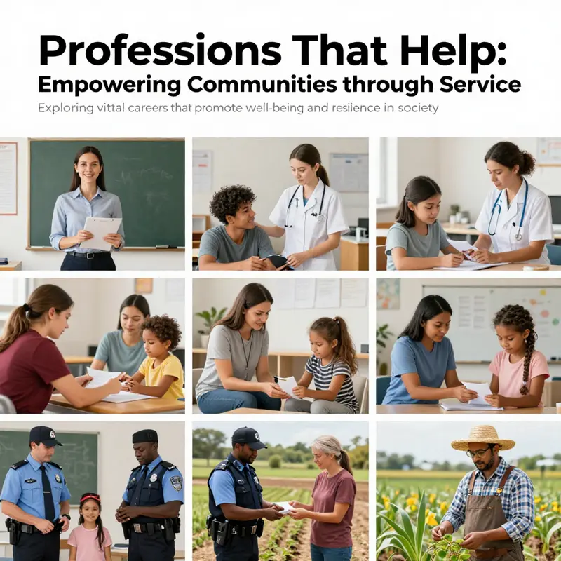 A collage depicting various helping professions including education, healthcare, social work, law enforcement, and agriculture.