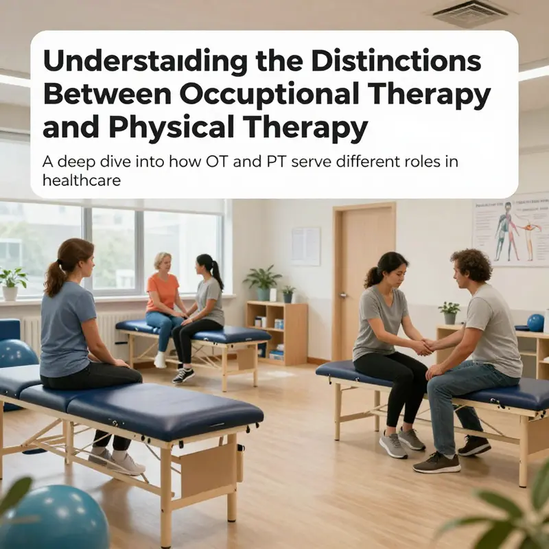 An inviting overview of a rehabilitation center showcasing areas for both occupational and physical therapy, with patients participating in various therapies.
