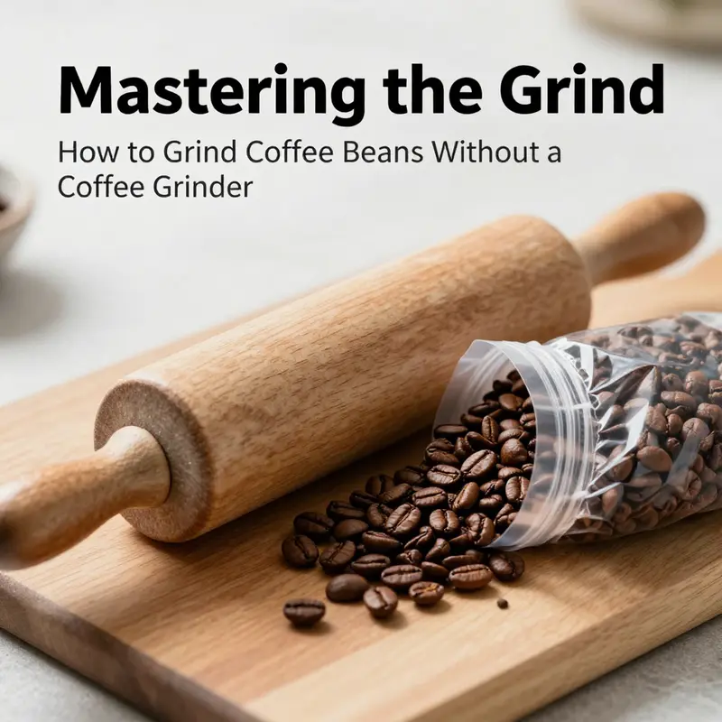 Grinding coffee beans using a rolling pin and plastic bag method.