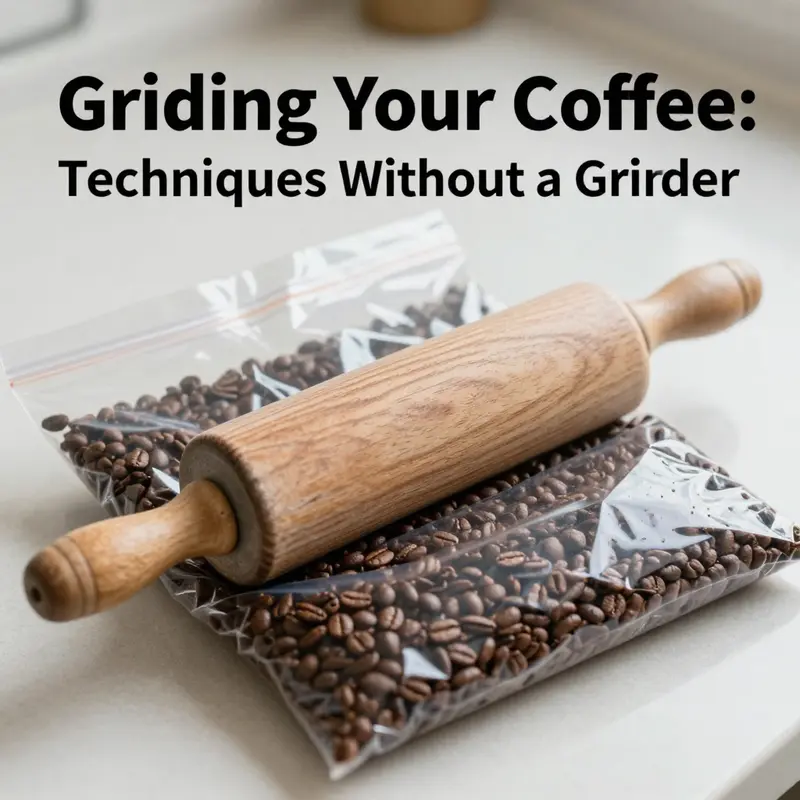 Using a rolling pin to grind coffee beans within a sealed plastic bag for a consistent medium-fine grind.