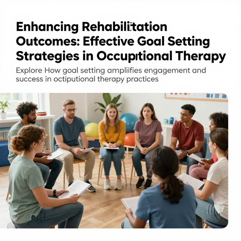 A vibrant therapy center with diverse individuals engaged in goal-setting activities.