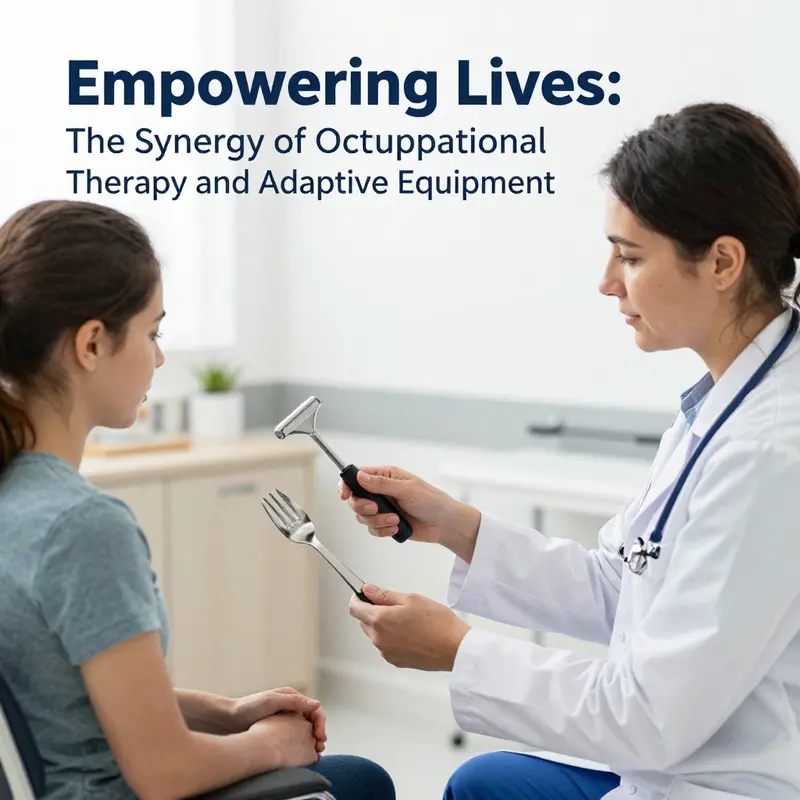 An occupational therapist showcases adaptive equipment to enhance patient independence.