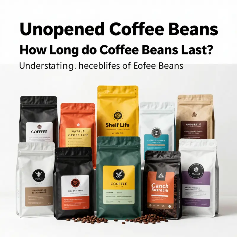 Unopened coffee beans showcasing different brands and their respective shelf lives.