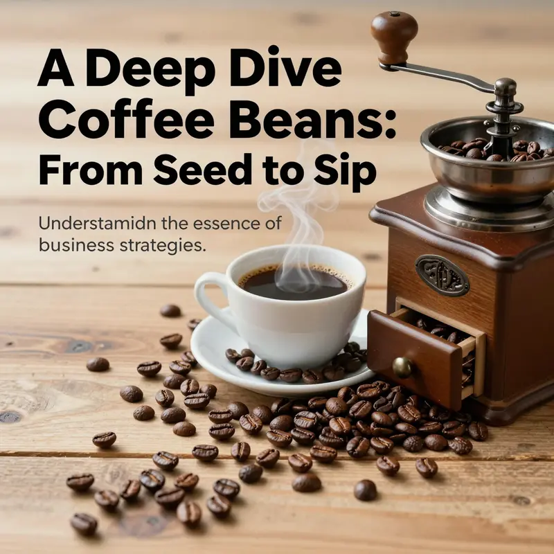 A steaming cup of coffee next to scattered coffee beans and a grinder, illustrating the journey from bean to cup.