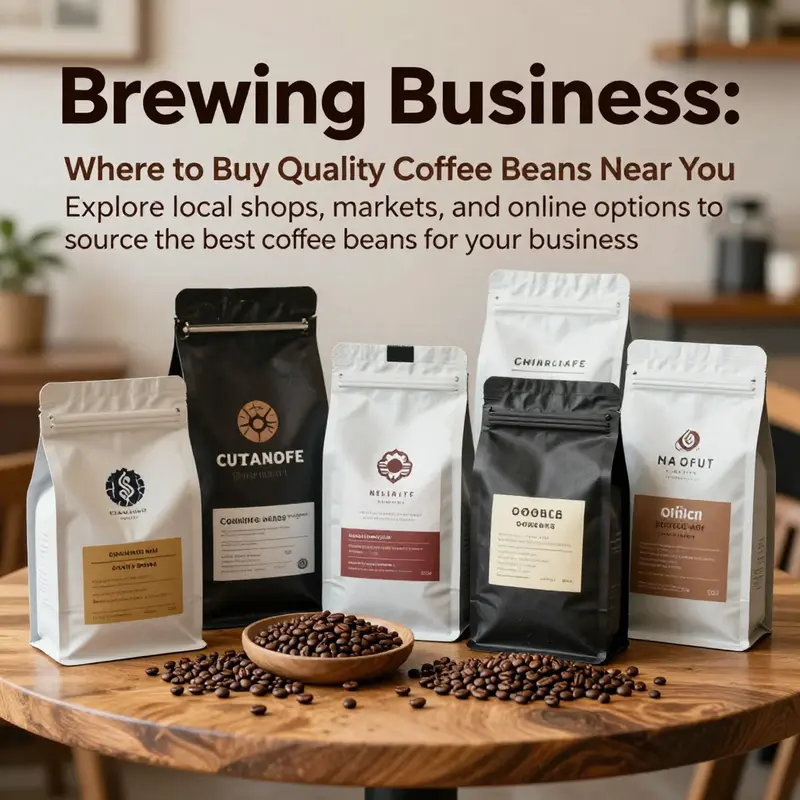 Different packages of coffee beans from local and online sources on a table.