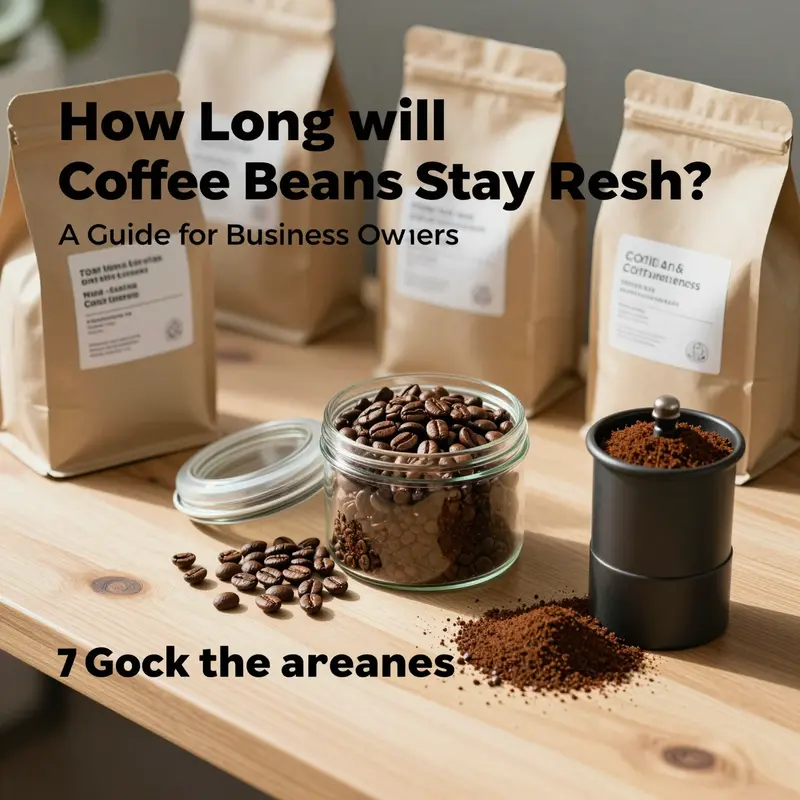 A coffee shop workspace showing unopened coffee bean bags, an open airtight container of beans, and freshly ground coffee by a burr grinder on a wooden counter.
