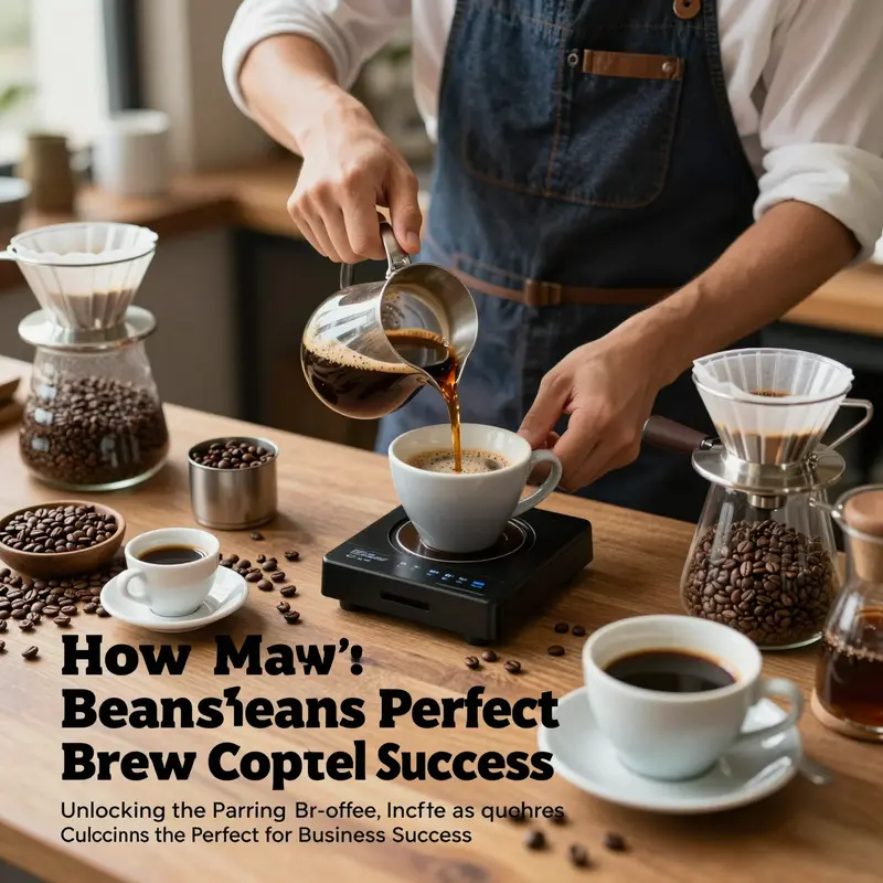 Barista in a coffee shop measuring coffee beans with brewing equipment around, focusing on precision in coffee preparation.