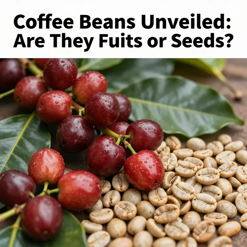 An artistic depiction combining ripe coffee cherries with dried coffee beans.