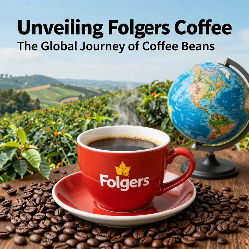 Coffee cup surrounded by coffee beans and a globe representing global sourcing.