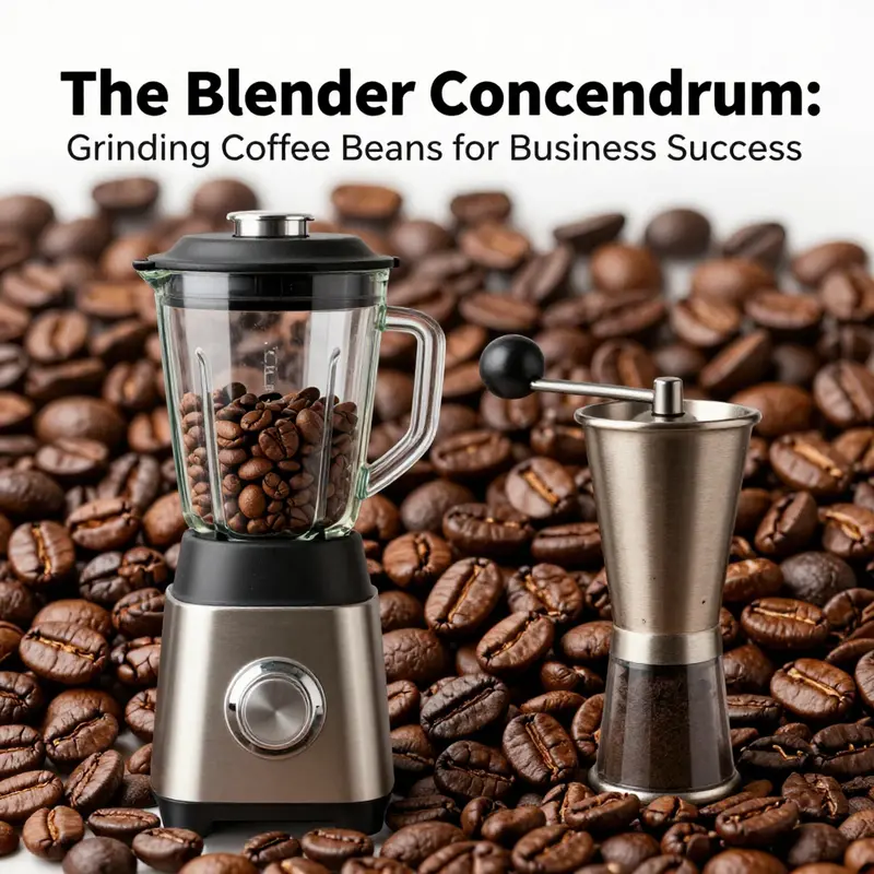 A striking visual of coffee beans, a blender, and a burr grinder emphasizing coffee preparation.