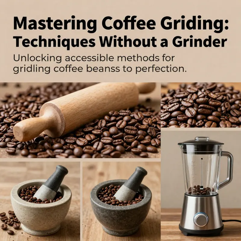 Collage showcasing various methods of grinding coffee beans without a grinder.