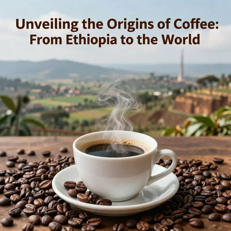 A fresh cup of Ethiopian coffee with beans and a scenic background representing the coffee's origins.