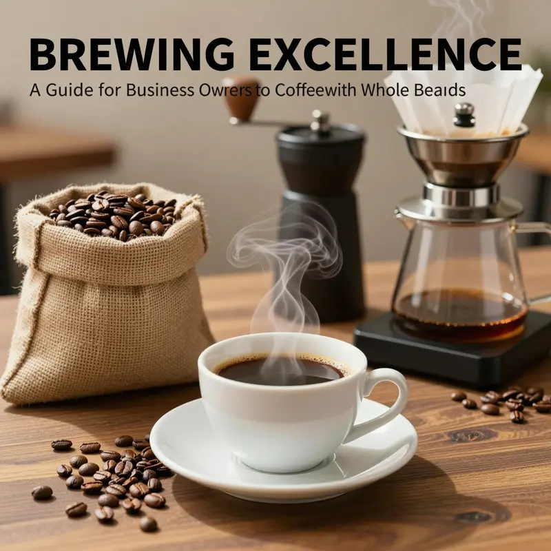 A cozy café scene showcasing a cup of coffee, whole beans, a grinder, and brewing accessories, illustrating the art of coffee making.