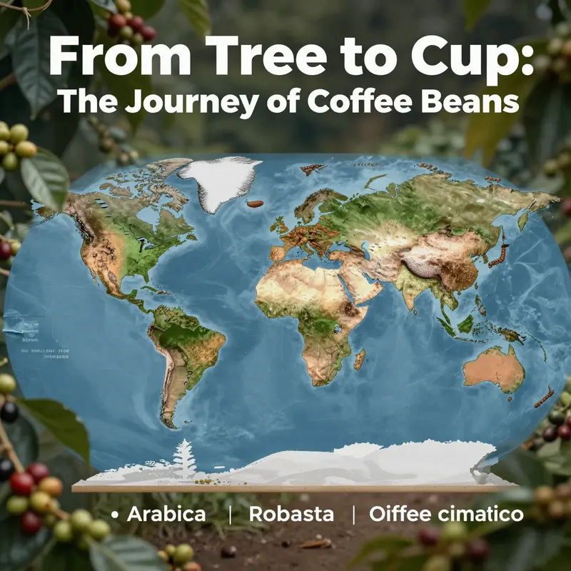 Coffee trees bearing their prized red cherries, symbolizing the origins of coffee beans.