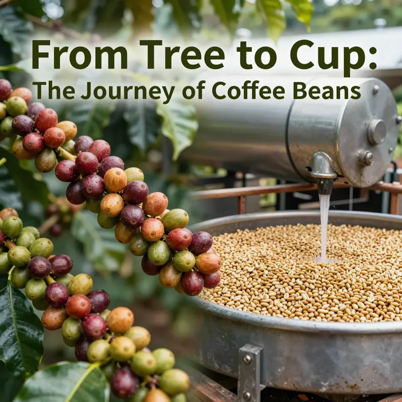 Coffee trees bearing their prized red cherries, symbolizing the origins of coffee beans.