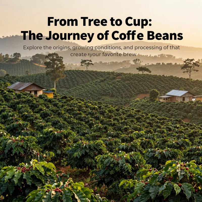 Vibrant landscape of a coffee plantation at dawn, illustrating the growing environment of coffee beans.