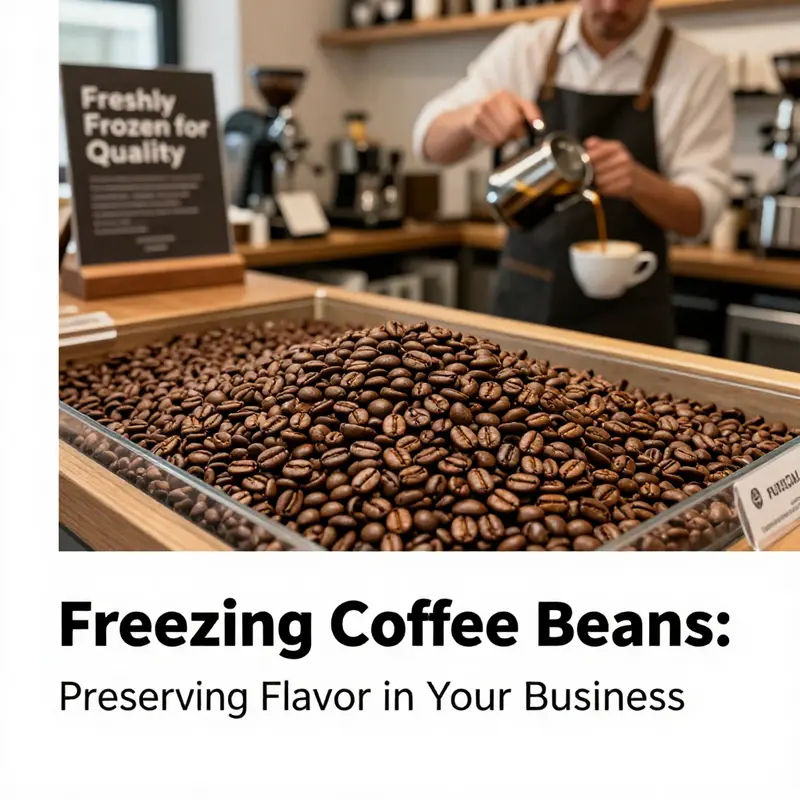 A coffee shop scene featuring a barista preparing coffee, with a sign about frozen coffee bean preservation.