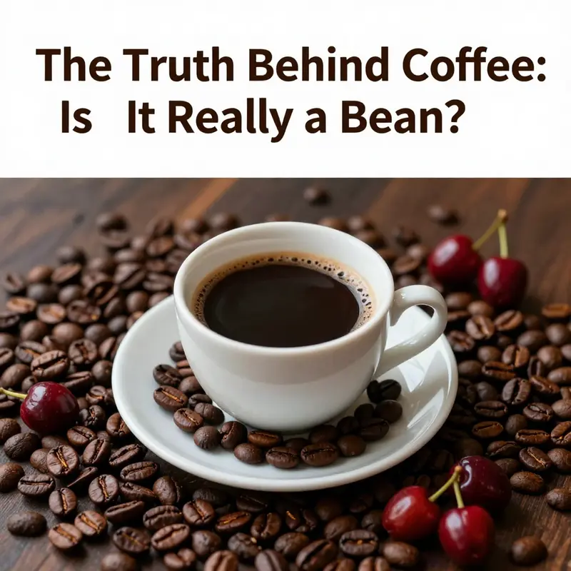 A coffee cup next to coffee beans and cherries, representing the essence of coffee's journey.