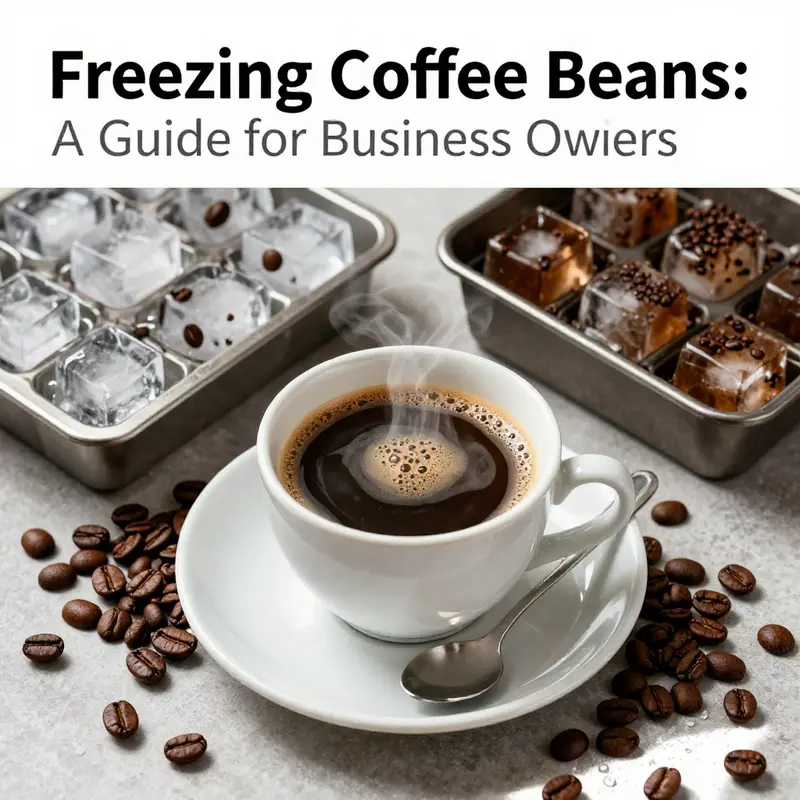An elegant coffee cup with brewed coffee, surrounded by coffee beans and coffee ice cubes, illustrating coffee preservation.