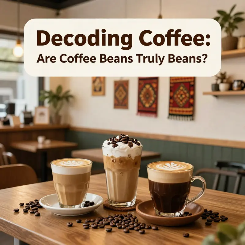 An illustration comparing coffee seeds and true beans.
