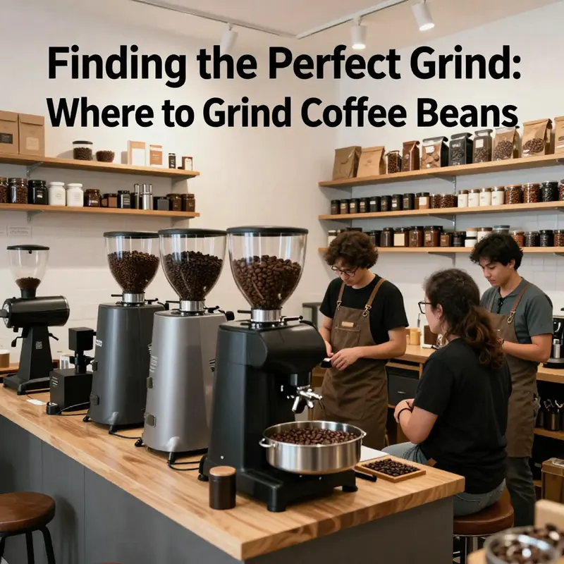 A bustling specialty coffee shop showcasing the art of freshly grinding coffee beans.
