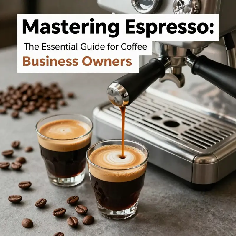 A setup displaying espresso shots with a glossy crema, coffee beans, and professional brewing equipment, representing the art of espresso making.
