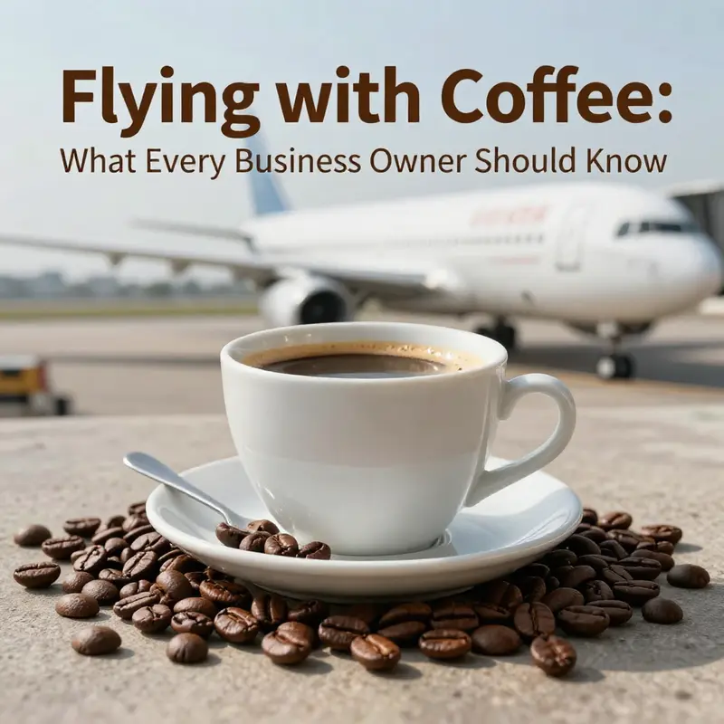 Travel coffee experience highlighted with beans and an airplane backdrop.