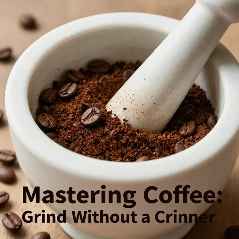Grinding coffee beans using a rolling pin and plastic bag for a medium-fine grind.