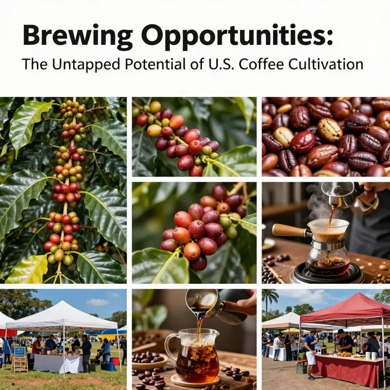 Collage of U.S. coffee cultivation, showcasing plants, beans, and markets.