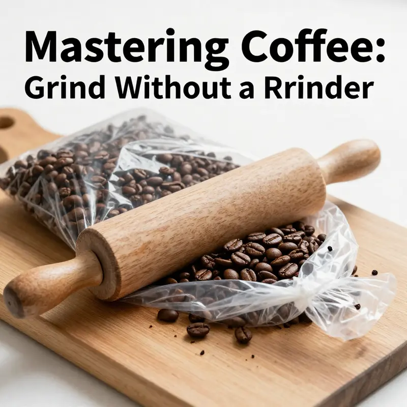 Grinding coffee beans using a rolling pin and plastic bag for a medium-fine grind.