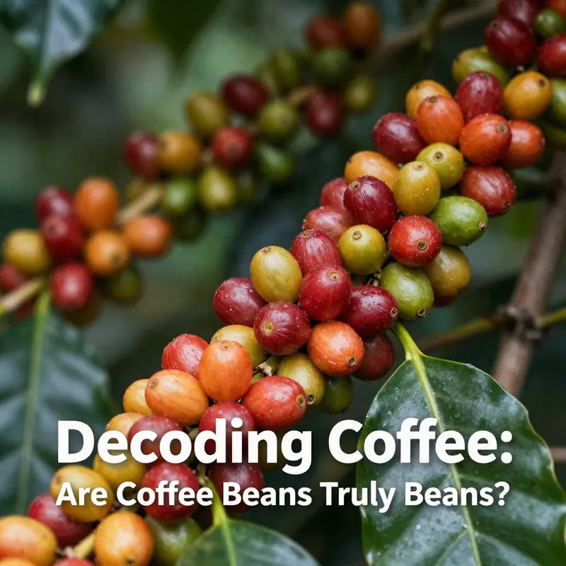 An illustration comparing coffee seeds and true beans.