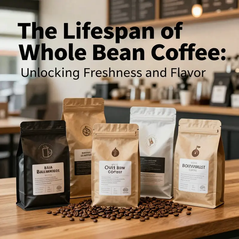 An assortment of whole bean coffee packages against a coffee shop backdrop.