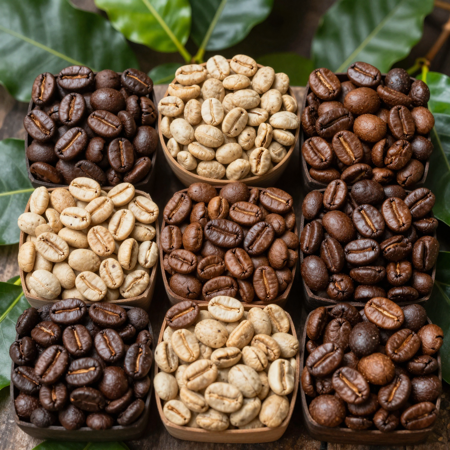 A variety of coffee beans including Arabica, Robusta, Liberica, and Excelsa arranged in a natural setting.