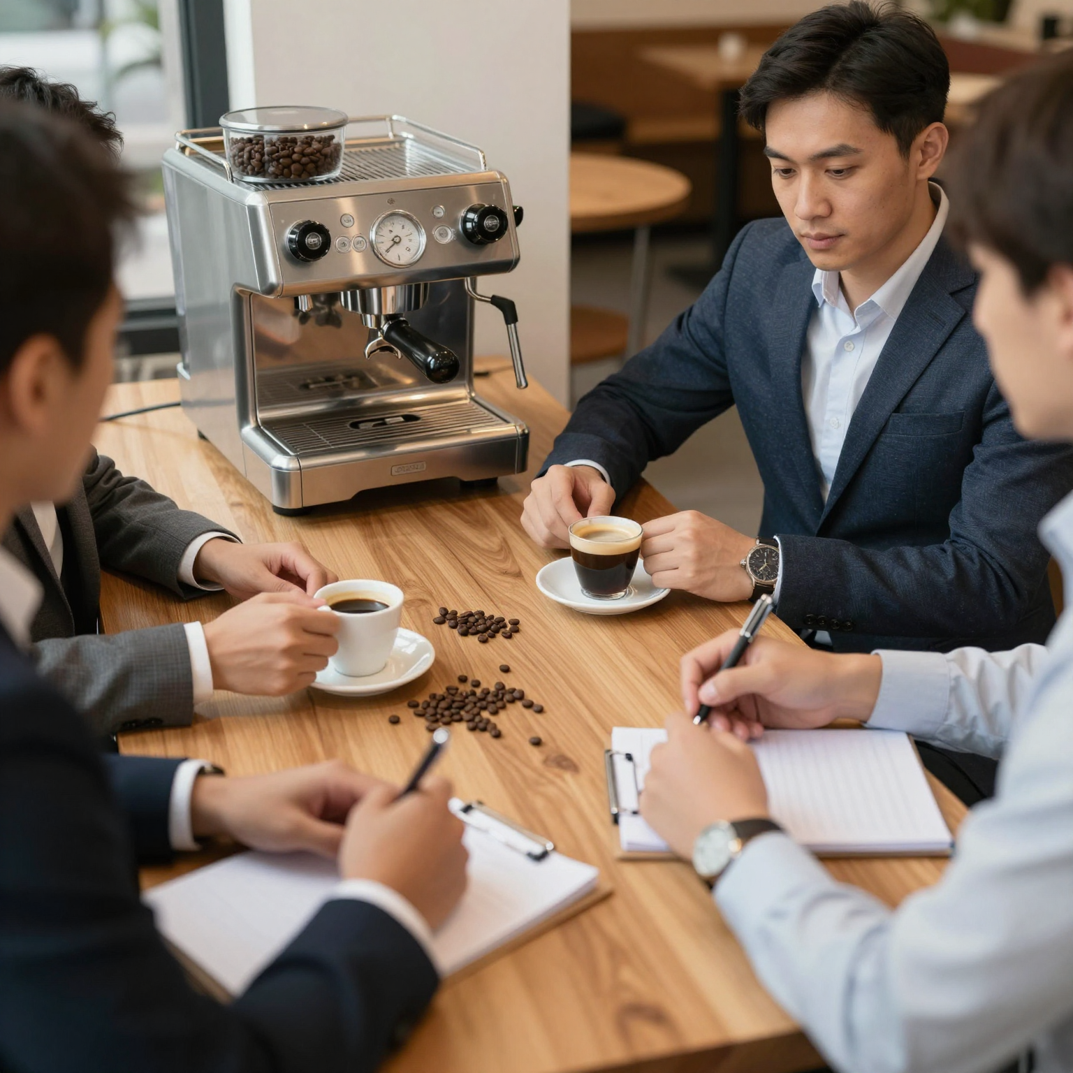 Business Meeting Discussing Espresso and Coffee