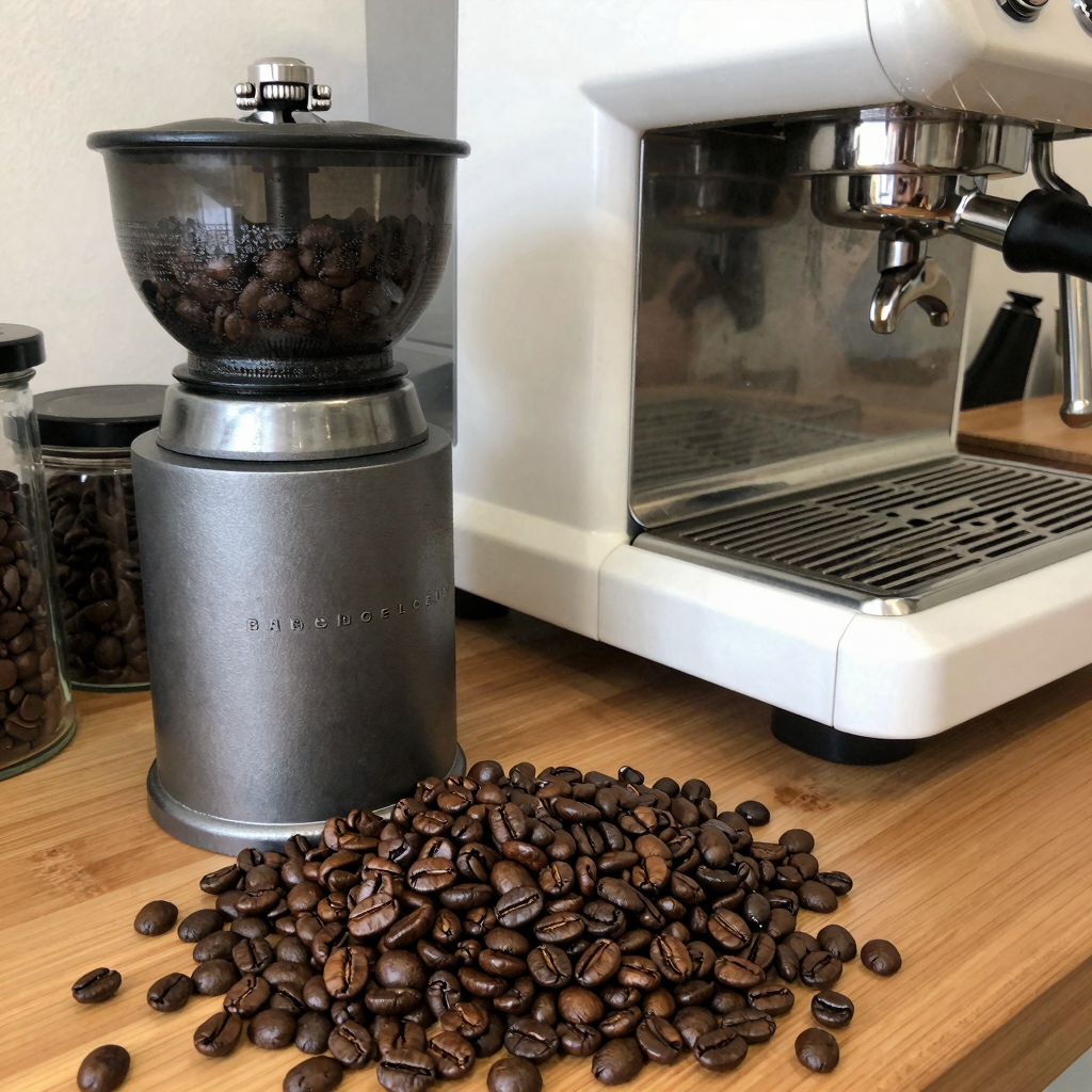 Freshly roasted coffee beans being ground for espresso preparation in a cozy cafe kitchen.