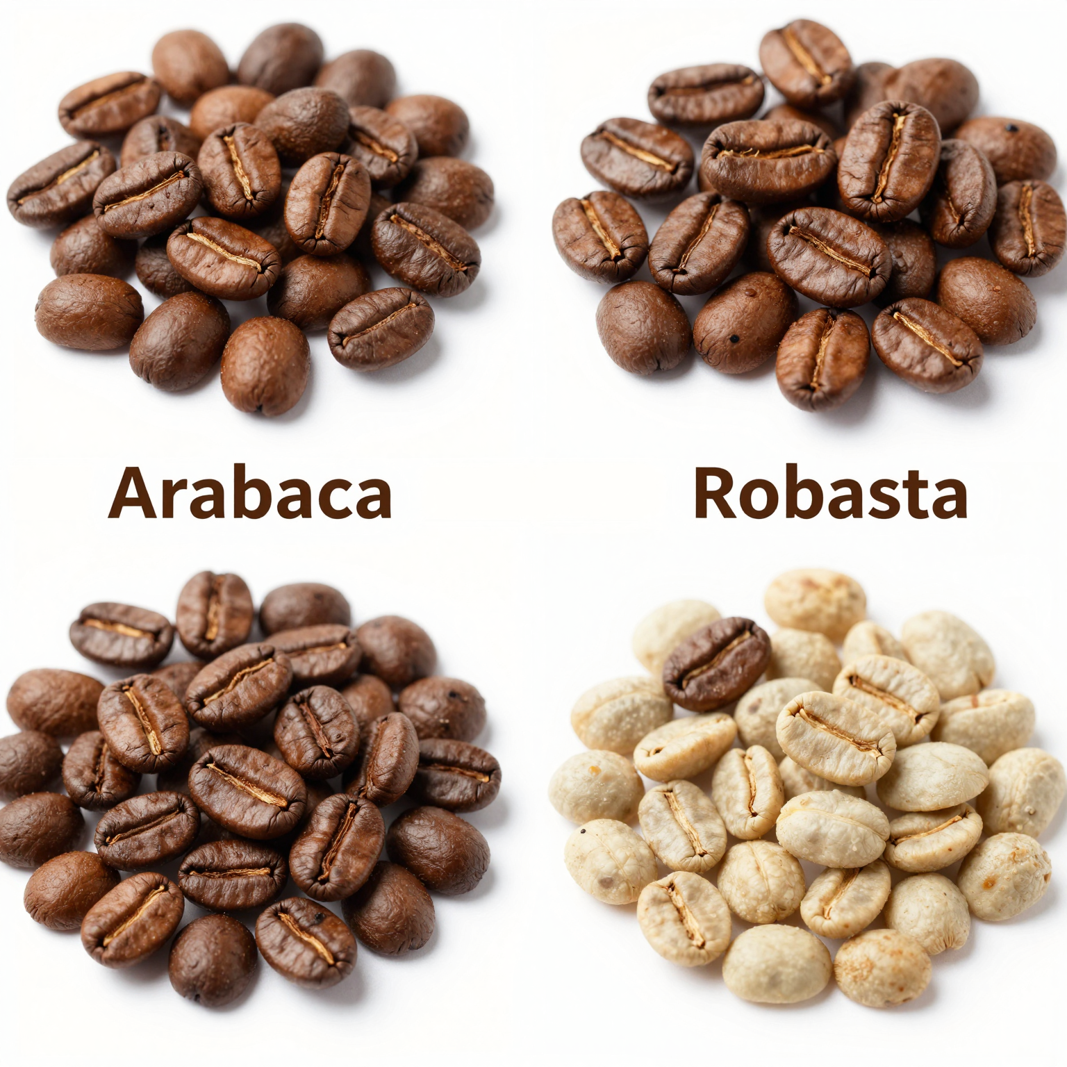 Various types of coffee beans, including Arabica and Robusta