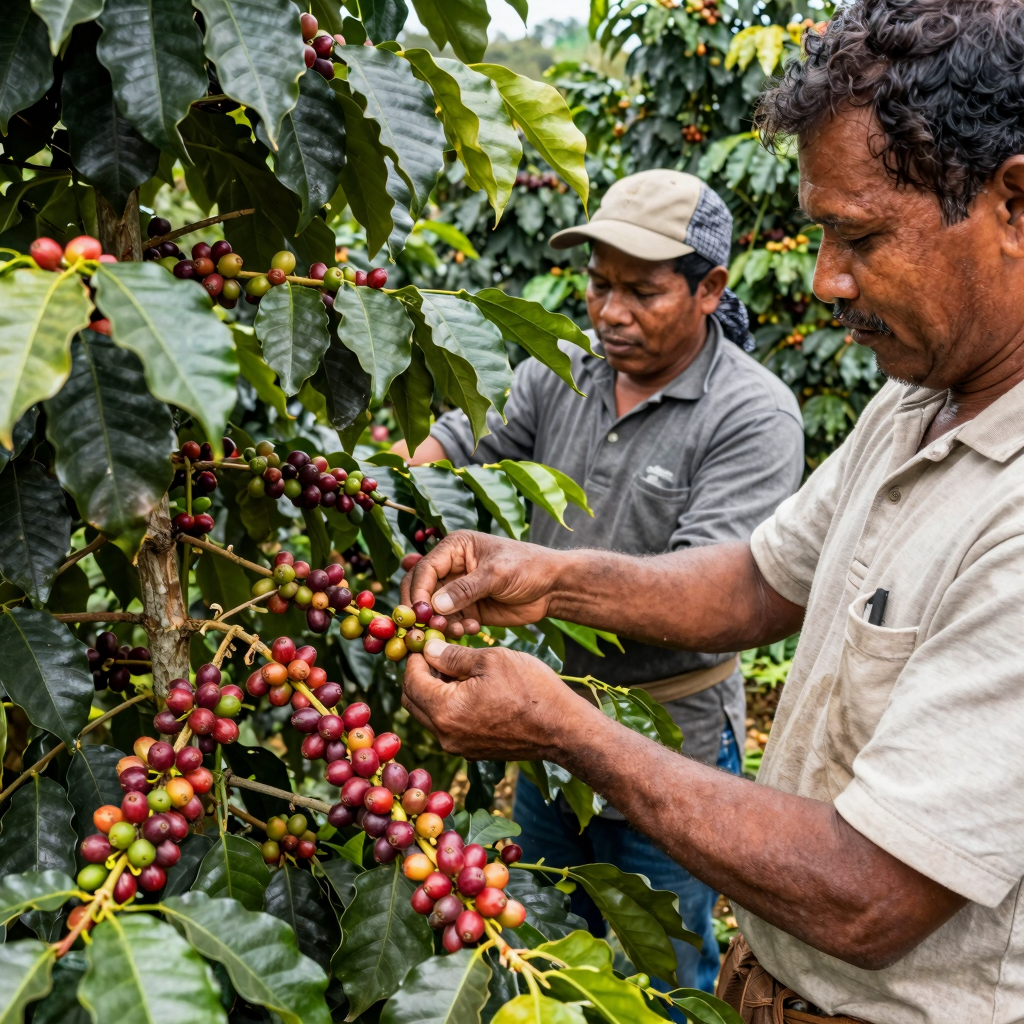 A lush green coffee farm with ripe coffee cherries on the plants