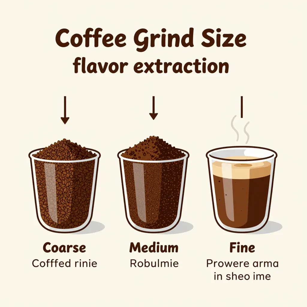 A visual representation showing the relationship between coffee grind size and flavor extraction, illustrating different grind sizes and their impact on freshness and aroma.
