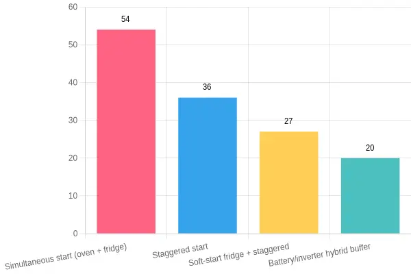 Bar chart comparing illustrative peak startup current for four scenarios: simultaneous start at 54 amps, staggered start at 36 amps, soft-start fridge plus staggered at 27 amps, and a battery/inverter hybrid buffer at 20 amps.