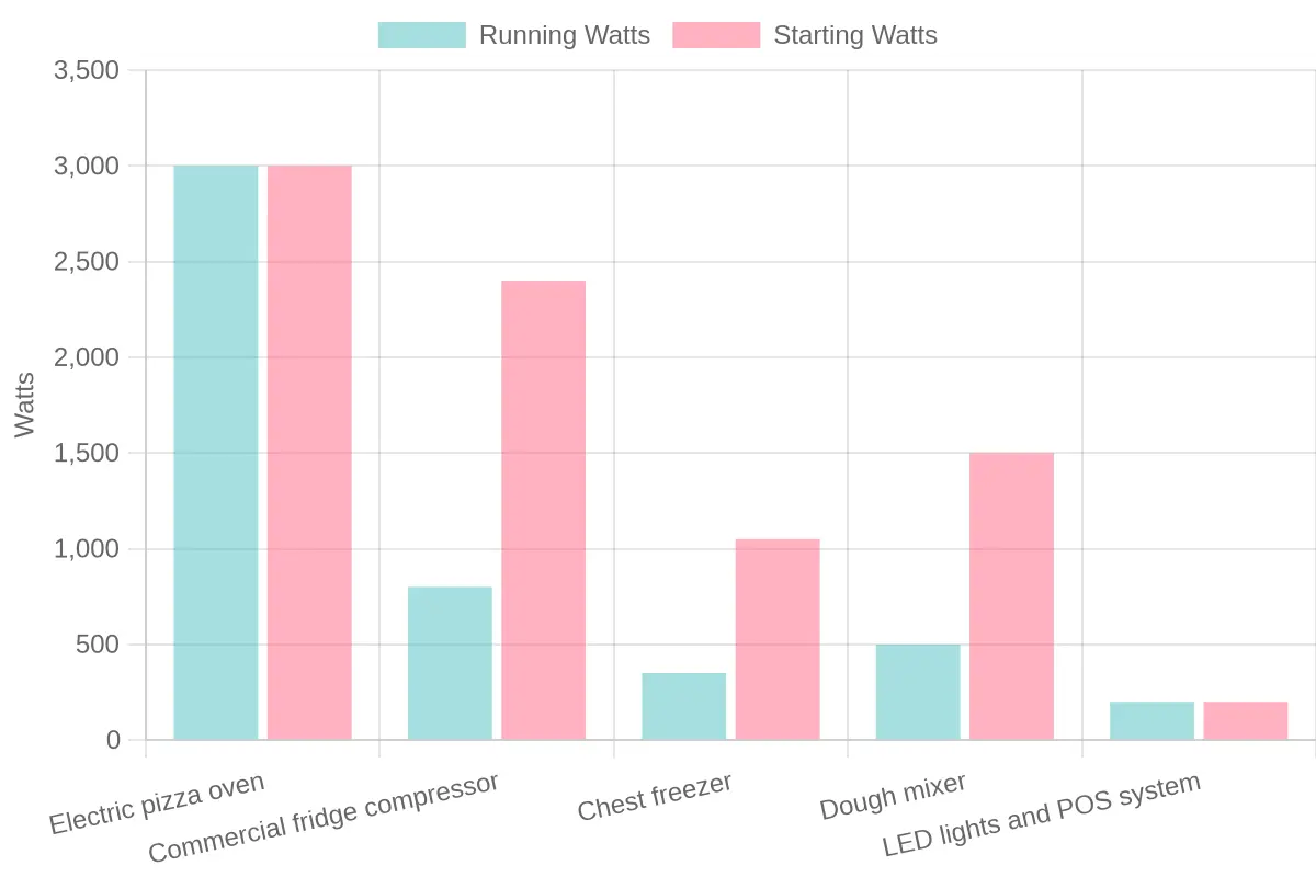 Grouped bar chart comparing running watts versus starting watts for a pizza oven, commercial fridge compressor, chest freezer, dough mixer, and lights and POS system