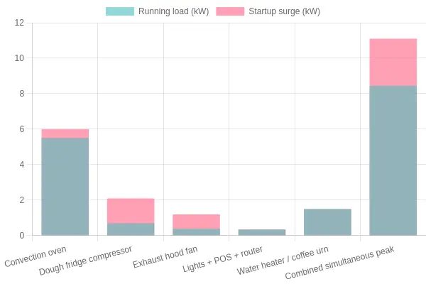Chart comparing pizza truck peak electrical load with undersized and correctly sized generator capacity