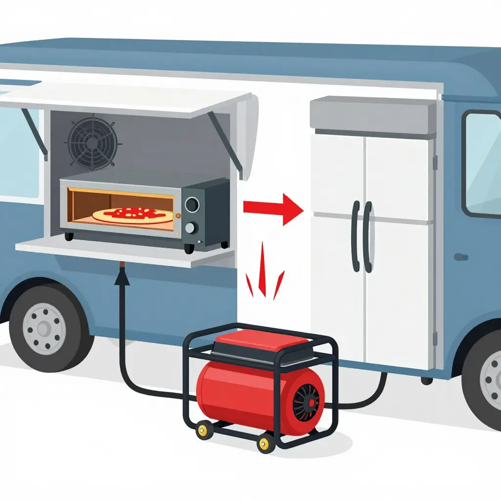 Diagram showing a portable generator supplying a pizza oven and a refrigerator compressor, with a red spike marking simultaneous startup demand.