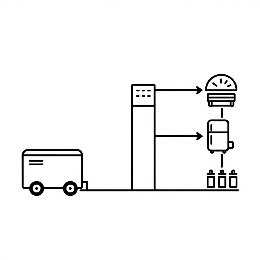 Minimalist 2D line-art schematic showing power flow from a generator into a distribution panel that branches to a pizza oven, a fridge compressor, and a cluster of auxiliary loads, with a start-sequence arrow spanning the fridge and oven branches