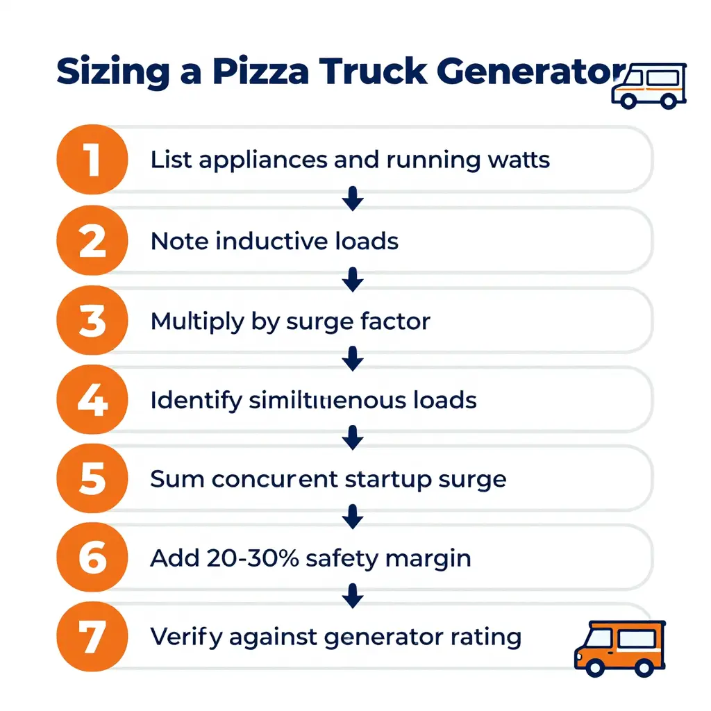 Flowchart of the seven steps for sizing a pizza truck generator
